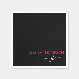 Hot Pink Modern Black Simple Script Monogram Name Serviette