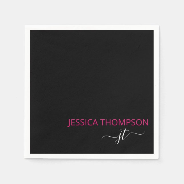 Hot Pink Modern Black Simple Script Monogram Name Serviette (Vorderseite)