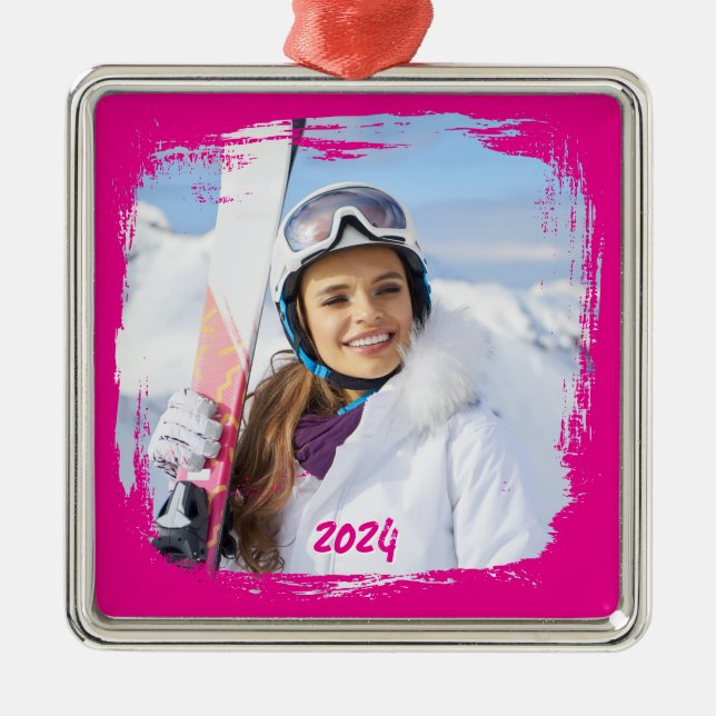 Hot Pink Modern Grunge Border Foto Year Ornament Aus Metall (Vorne)