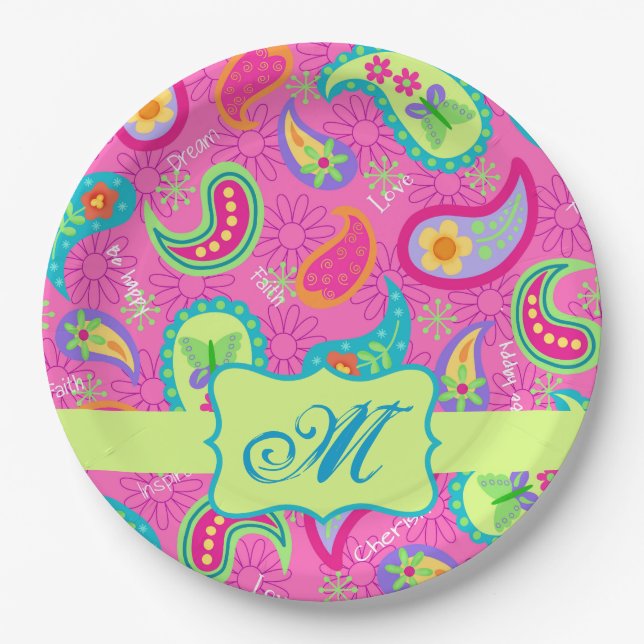 Hot Pink Modern Paisley Muster Monogram Pappteller (Vorderseite)