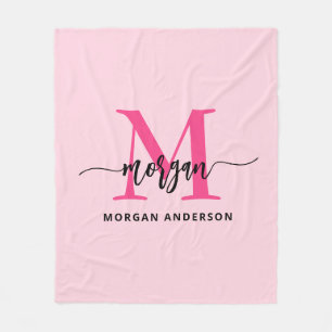Hot Pink Modern Script Girl Monogram Name Fleecedecke