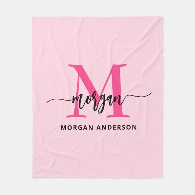 Hot Pink Modern Script Girl Monogram Name Fleecedecke (Vorderseite)