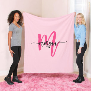 Hot Pink Modern Script Girl Monogram Name Fleecedecke