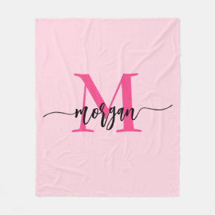 Hot Pink Modern Script Girl Monogram Name Fleecedecke