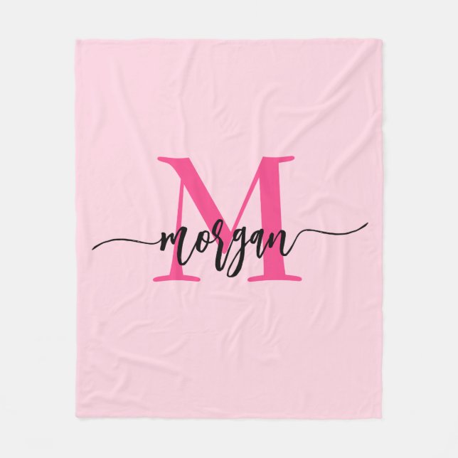 Hot Pink Modern Script Girl Monogram Name Fleecedecke (Vorderseite)