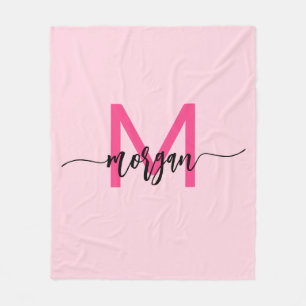 Hot Pink Modern Script Girl Monogram Name Fleecedecke