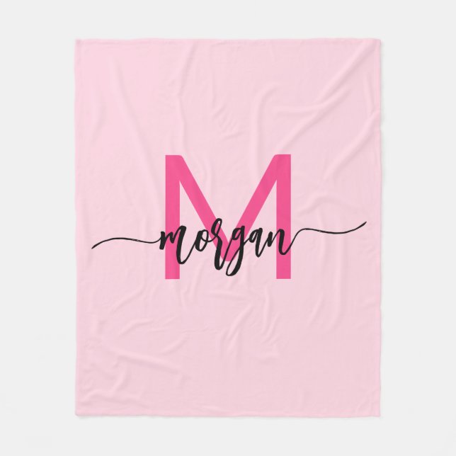 Hot Pink Modern Script Girl Monogram Name Fleecedecke (Vorderseite)