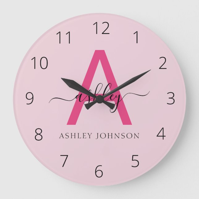 Hot Pink Modern Script Girl Monogram Name Große Wanduhr (Vorderseite)