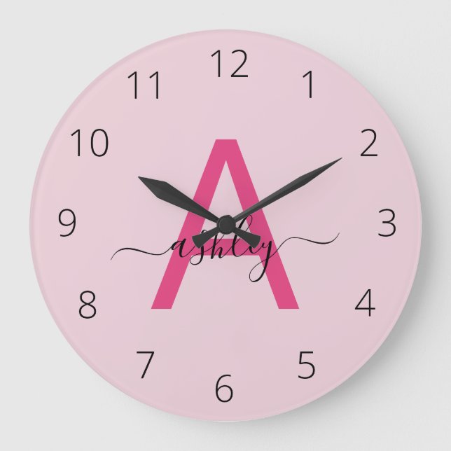 Hot Pink Modern Script Girl Monogram Name Große Wanduhr (Vorderseite)