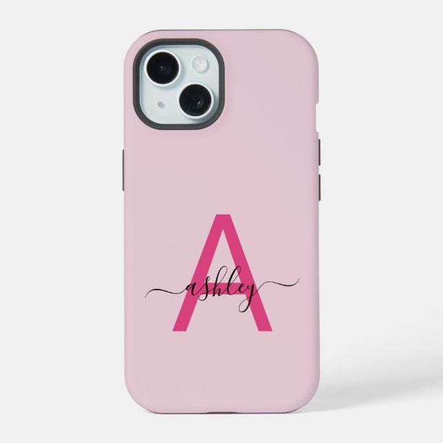 Hot Pink Modern Script Girl Monogram Name iPhone 15 Hülle (Rückseite)