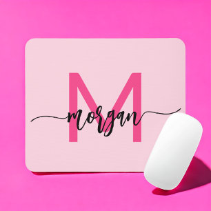 Hot Pink Modern Script Girl Monogram Name Mousepad