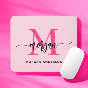 Hot Pink Modern Script Girl Monogram Name Mousepad