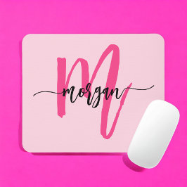 Hot Pink Modern Script Girl Monogram Name Mousepad