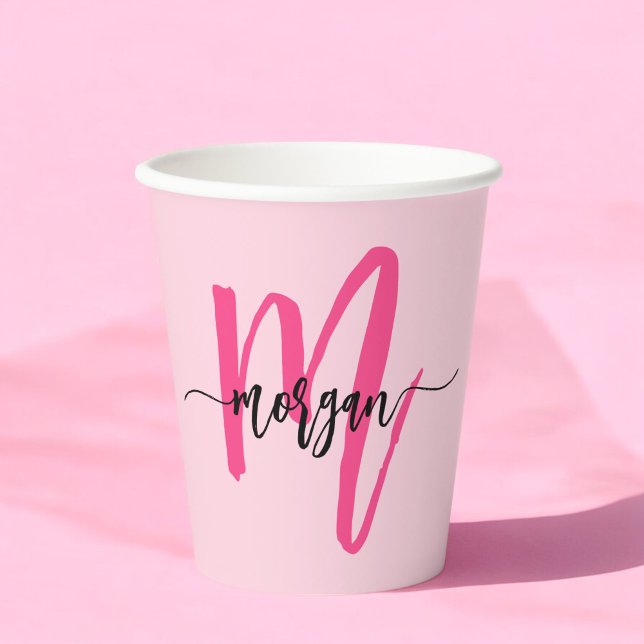 Hot Pink Modern Script Girl Monogram Name Pappbecher (Von Creator hochgeladen)