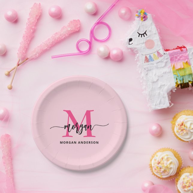 Hot Pink Modern Script Girl Monogram Name Pappteller (Party)