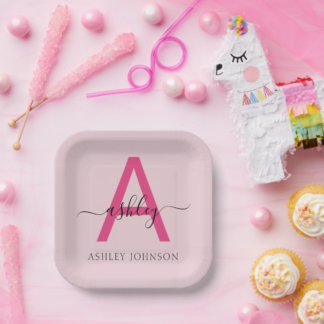 Hot Pink Modern Script Girl Monogram Name Pappteller (Party)