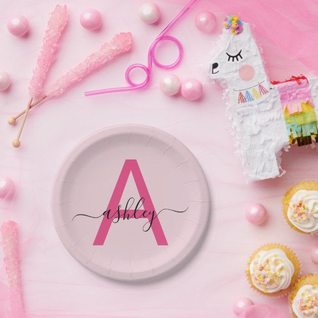 Hot Pink Modern Script Girl Monogram Name Pappteller (Party)