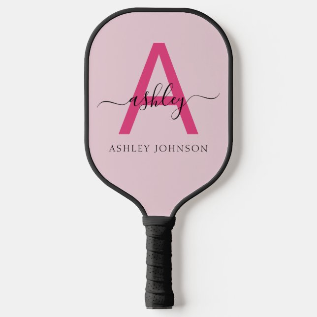 Hot Pink Modern Script Girl Monogram Name Pickleball Schläger (Vorderseite)