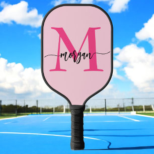 Hot Pink Modern Script Girl Monogram Name Pickleball Schläger