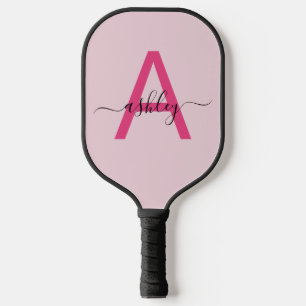 Hot Pink Modern Script Girl Monogram Name Pickleball Schläger