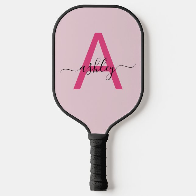 Hot Pink Modern Script Girl Monogram Name Pickleball Schläger (Vorderseite)