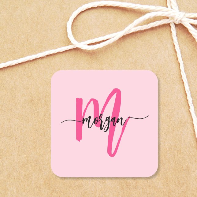 Hot Pink Modern Script Girl Monogram Name Quadratischer Aufkleber (Von Creator hochgeladen)