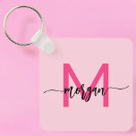 Hot Pink Modern Script Girl Monogram Name Schlüsselanhänger<br><div class="desc">Behalt deine Schlüssel stilvoll mit unserem Hot Pink Modern Script Girly Monogram Name Schlüsselanhänger! Dieser Schlüsselanhänger mit seinem lebhaften, rosafarbenen Design ist mit Ihrem Namen in einem schicken, modernen Drehbuch für eine maßgeschneiderte, modische Touch personalisiert. Ideal, um einen Flair in Ihre Tasche zu stecken, sowohl praktisch als auch stilvoll. Dieser...</div>
