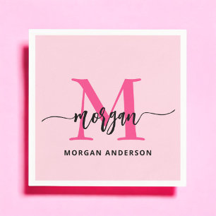 Hot Pink Modern Script Girl Monogram Name Serviette