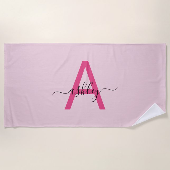 Hot Pink Modern Script Girl Monogram Name Strandtuch (Vorderseite)
