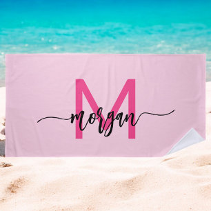 Hot Pink Modern Script Girl Monogram Name Strandtuch