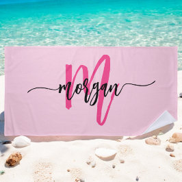 Hot Pink Modern Script Girl Monogram Name Strandtuch
