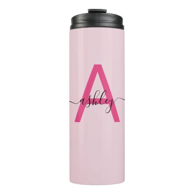 Hot Pink Modern Script Girl Monogram Name Thermosbecher (Vorderseite)