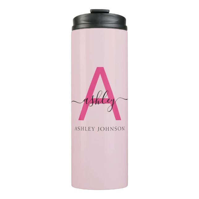 Hot Pink Modern Script Girl Monogram Name Thermosbecher (Vorderseite)