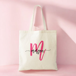 Hot Pink Modern Script Girl Monogram Name Tragetasche