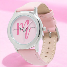 Hot Pink Modern Script Girls Monogram Name Armbanduhr