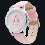 Hot Pink Modern Script Girls Monogram Name Armbanduhr<br><div class="desc">Ein zeitloses Accessoire für alle, die einen anspruchsvollen Geschmack nach Eleganz haben. Diese benutzerdefinierte Monogramm-Uhr mit dem heißen rosa "A" in einem modernen Skript kombiniert mühelos Eleganz mit einem spielerischen Pop von Farbe. Das weiche, schwarze Lederband bietet Komfort und Luxus, während die elegante silberne Hülle eine raffinierte Touch verleiht. Diese...</div>