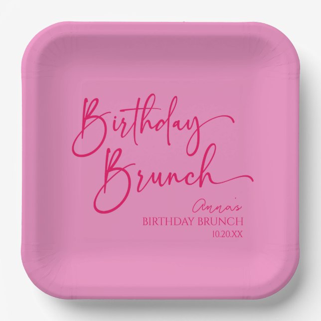 Hot Pink Modernes Minimalistisches Birthday Brunch Pappteller (Vorderseite)