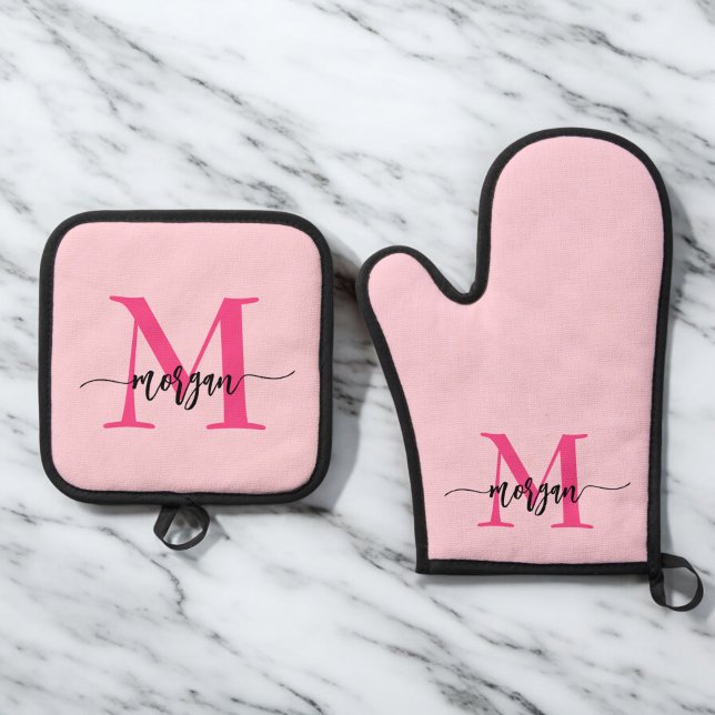 Hot Pink Monogram Girl's Kitchen Script Ofenhandschuh & Topflappen-Set (Von Creator hochgeladen)