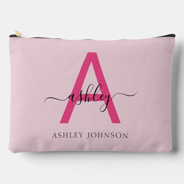 Hot Pink Monogram Name Girl's Script Zubehörtasche (Vorderseite)