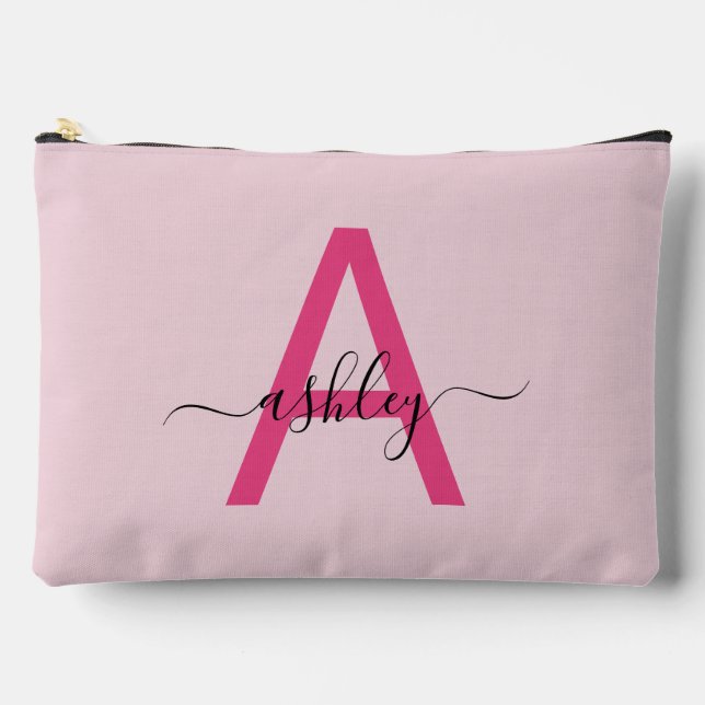 Hot Pink Monogram Name Girl's Script Zubehörtasche (Vorderseite)