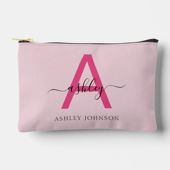 Hot Pink Monogram Name Girl's Script Zubehörtasche (Vorderseite)