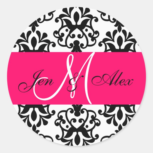 Hot Pink Monogram Names Damask Wedding Siegel Runder Aufkleber (Vorderseite)