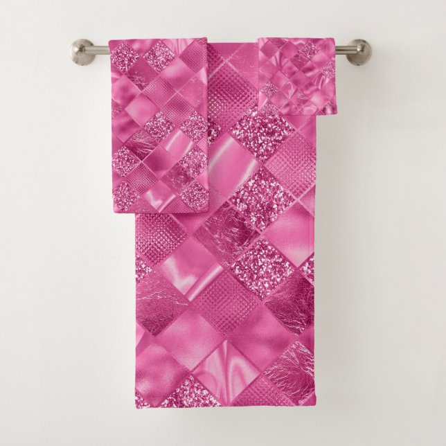 Hot Pink Multi-Texture Square Weave Muster Badhandtuch Set (Insitu)