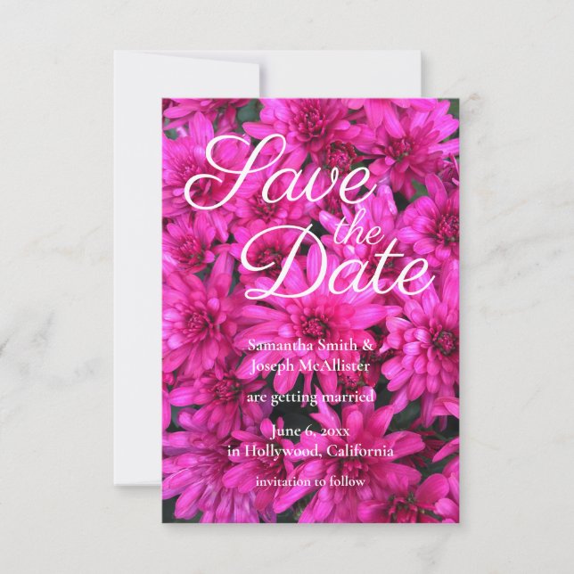 Hot Pink Mums Floral Foto Save the Date Einladung (Vorderseite)