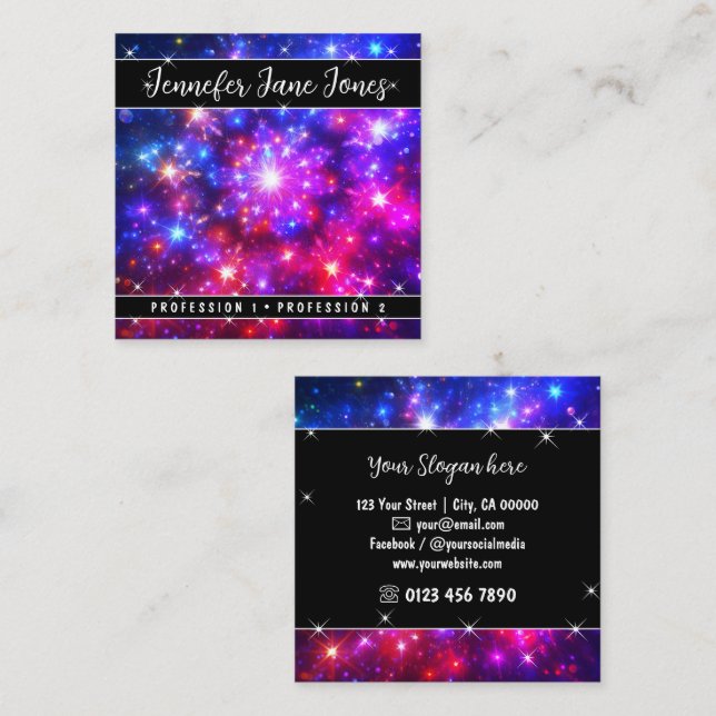 Hot Pink Mystic Sky Nebel Glitzer Stars Quadratische Visitenkarte (Vorne/Hinten)