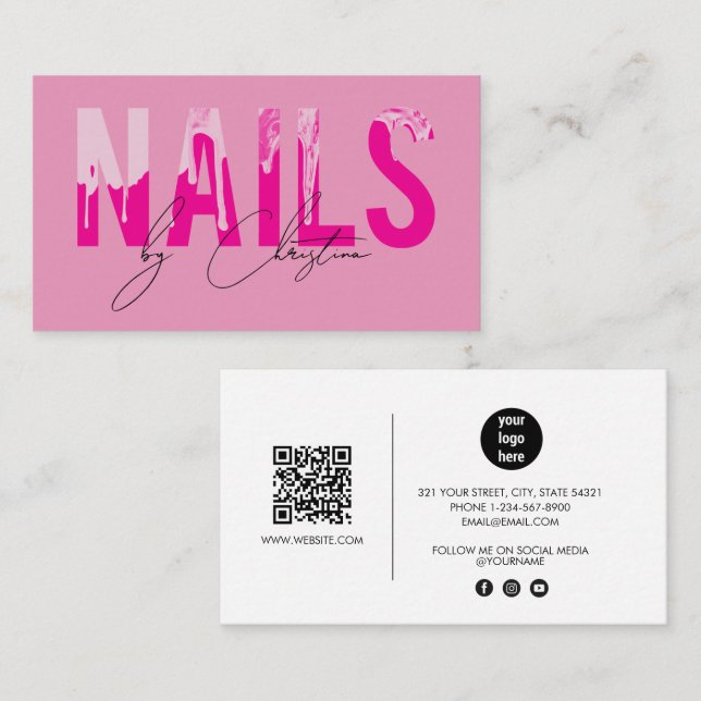 Hot Pink Nails Tropfen Nail Art Manicure QR Code Visitenkarte (Vorne/Hinten)