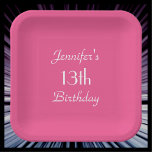 Hot Pink, Name Square rund um die 13. Geburtstagsp Pappteller<br><div class="desc">Ein solider, rosa Hintergrund schmückt diese einzigartige und lustige Party-Papiertafel für Teenager. Obwohl standardmäßig "13. Geburtstag" steht, können Sie den Text einfach ändern, um den Namen, die Anzahl der Jahre und das Ereignis zu bestimmen. Sehr weiblich und mädchenhaft! Platz oder rund. Passende Papierservietten sind bei zazzle im SocolikCardShop erhältlich. Alle...</div>