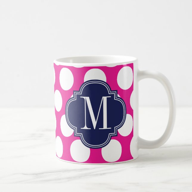Hot Pink & Navy Big Polka Dots Mit Monogramm Tasse (Rechts)