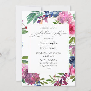 Hot Pink & Navy Blue Floral Graduation Party Einladung