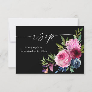 Hot Pink & Navy Blue Floral mit Meal V3 Black RSVP Karte